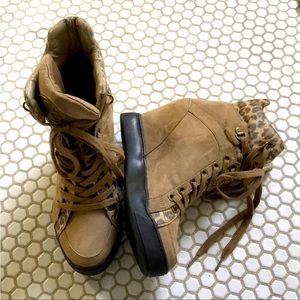 Guess Leopard and Tan Suede high wedge sneakers sz 8.5 like new!